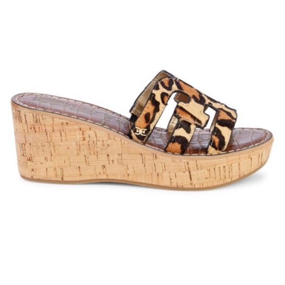 SAM EDELMAN Regis Leopard-Print Calf Hair Wedge Sandals Size 8M - Picture 3 of 13